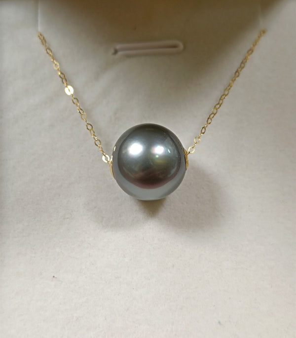 18K Gold/Natural Tahitian Black seawater pearl Floating necklace