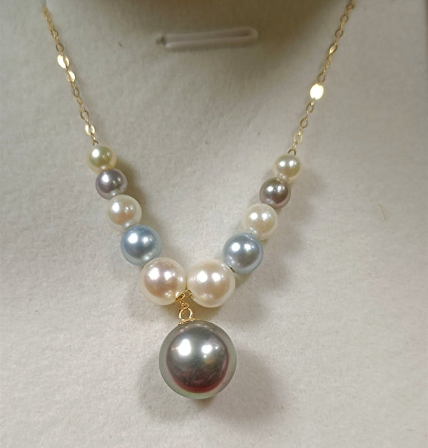 18K Gold/Akoya Natural Tahitian Black seawater pearls necklace