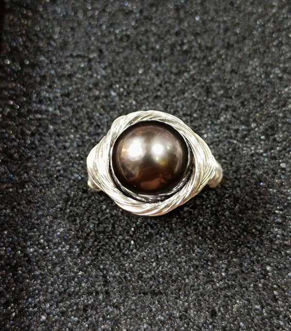 12-13mm Black Tahitian seawater pearl wire wrapping Ring