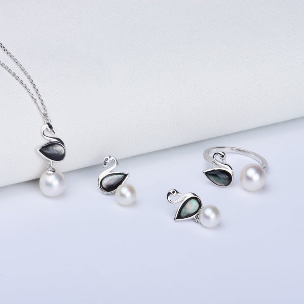 S925 Sterling Silver Swan Jewelry set Type B Ring/Studs/Pendant+Chain(Include pearls) - pearlsclam
