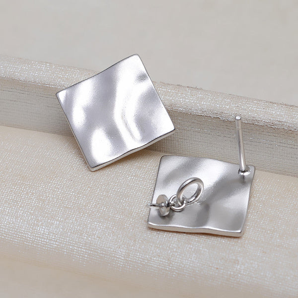 S925 silver frosted square Earring studs Pearl Holder (Doesn't include pearl) - pearlsclam